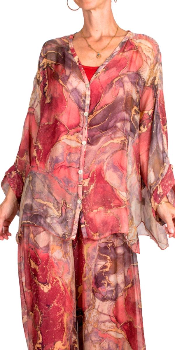 Angelo Marble Silk Blouse - Gigi Moda - Made in Italy # 100% Silk, 2 piece, baroque, Blouse, button down, button up, comforatable fit, Dolman sleeve, dolman sleeves, italian silk top, made in italy, silk blouse, Silk top, Tops, womans clothing