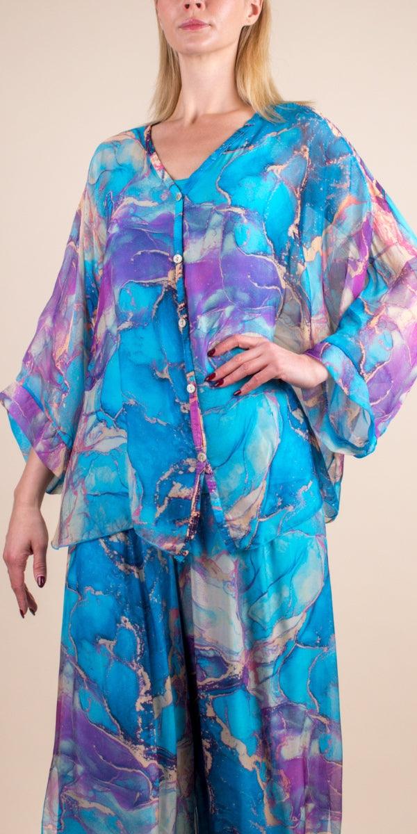 Angelo Marble Silk Blouse - Gigi Moda - Made in Italy # 100% Silk, 2 piece, baroque, Blouse, button down, button up, comforatable fit, Dolman sleeve, dolman sleeves, italian silk top, made in italy, silk blouse, Silk top, Tops, womans clothing