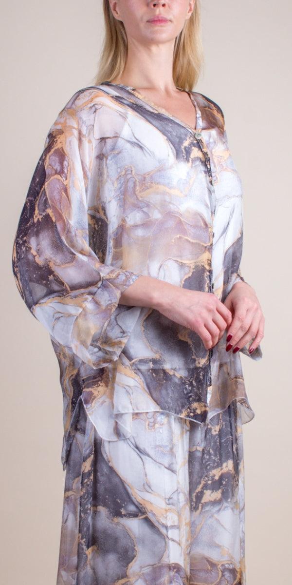 Angelo Marble Silk Blouse - Gigi Moda - Made in Italy # 100% Silk, 2 piece, baroque, Blouse, button down, button up, comforatable fit, Dolman sleeve, dolman sleeves, italian silk top, made in italy, silk blouse, Silk top, Tops, womans clothing