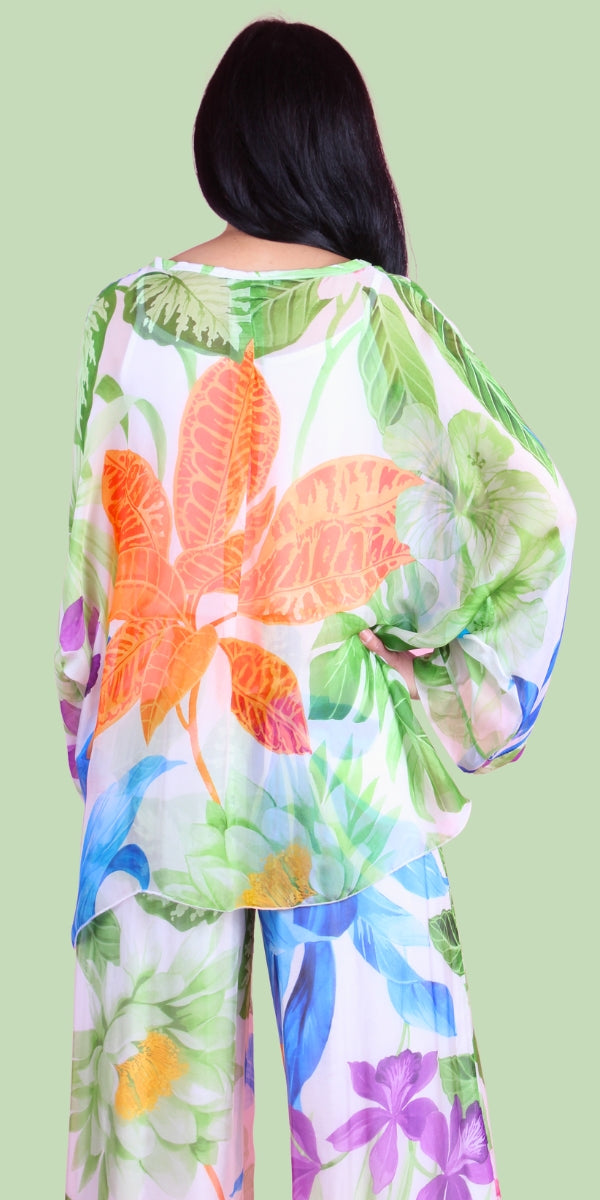 Angelo Tropical Silk Blouse - Gigi Moda - Made in Italy # 2 piece, Blouse, button down, button up, comforatable fit, Dolman sleeve, dolman sleeves, floral, floral design, Floral Print, italian silk top, made in italy, silk blouse, Silk top, Tops, tropical, tropical print, womans clothing