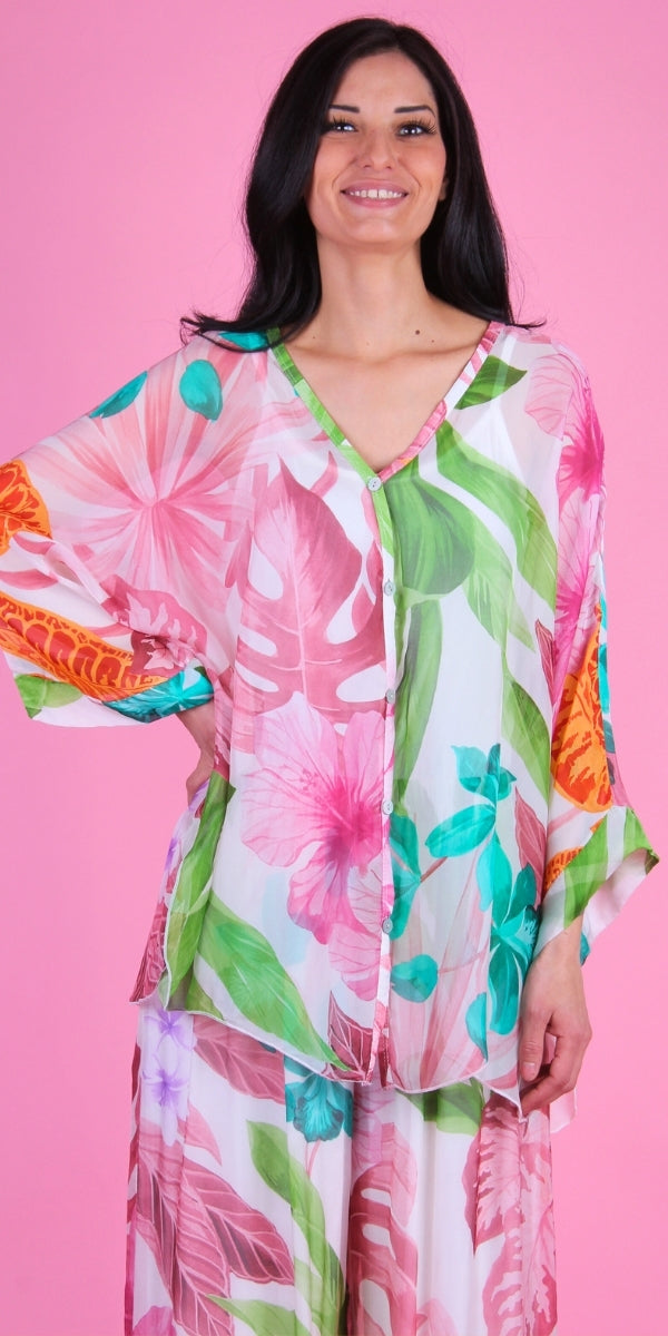 Angelo Tropical Silk Blouse - Gigi Moda - Made in Italy # 2 piece, Blouse, button down, button up, comforatable fit, Dolman sleeve, dolman sleeves, floral, floral design, Floral Print, italian silk top, made in italy, silk blouse, Silk top, Tops, tropical, tropical print, womans clothing