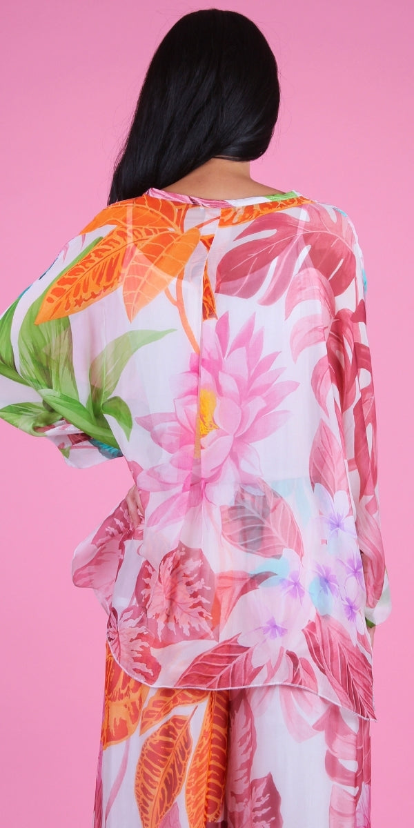 Angelo Tropical Silk Blouse - Gigi Moda - Made in Italy # 2 piece, Blouse, button down, button up, comforatable fit, Dolman sleeve, dolman sleeves, floral, floral design, Floral Print, italian silk top, made in italy, silk blouse, Silk top, Tops, tropical, tropical print, womans clothing
