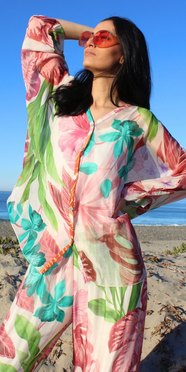 Angelo Tropical Silk Blouse - Gigi Moda - Made in Italy # 2 piece, Blouse, button down, button up, comforatable fit, Dolman sleeve, dolman sleeves, floral, floral design, Floral Print, italian silk top, made in italy, silk blouse, Silk top, Tops, tropical, tropical print, womans clothing