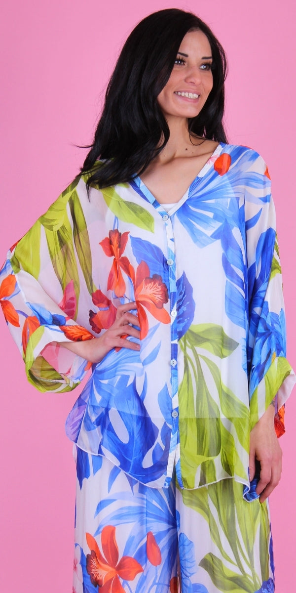 Angelo Tropical Silk Blouse - Gigi Moda - Made in Italy # 2 piece, Blouse, button down, button up, comforatable fit, Dolman sleeve, dolman sleeves, floral, floral design, Floral Print, italian silk top, made in italy, silk blouse, Silk top, Tops, tropical, tropical print, womans clothing