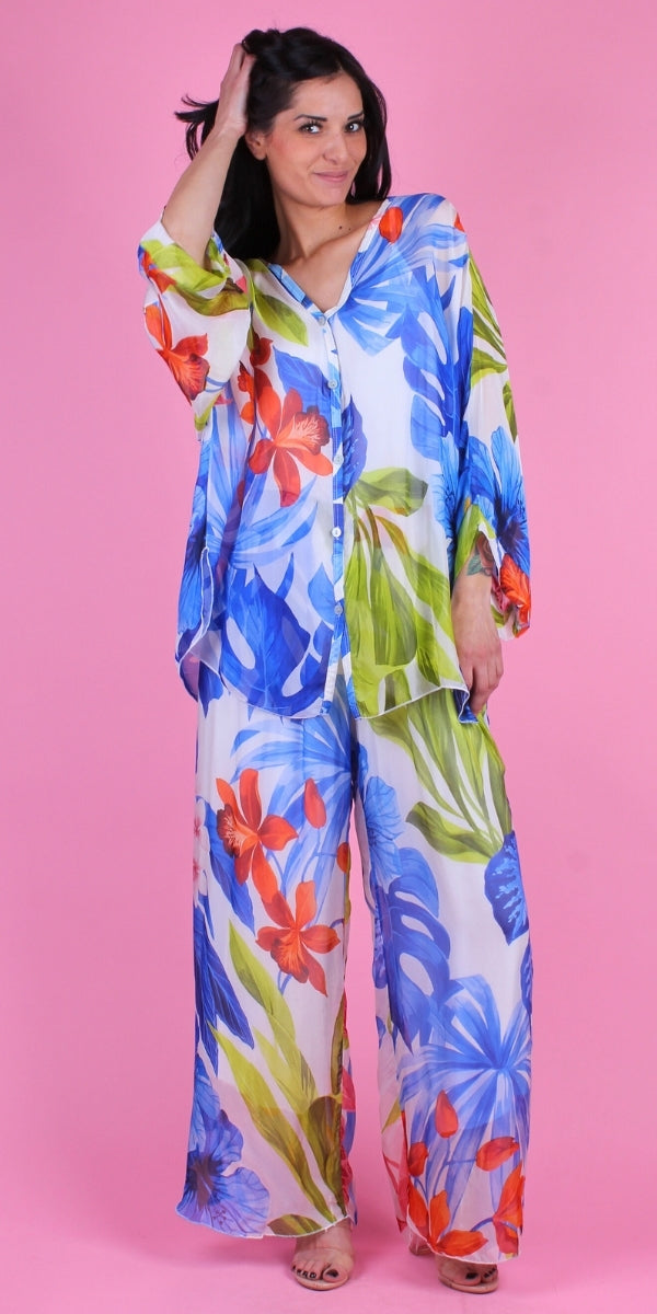 Angelo Tropical Silk Blouse - Gigi Moda - Made in Italy # 2 piece, Blouse, button down, button up, comforatable fit, Dolman sleeve, dolman sleeves, floral, floral design, Floral Print, italian silk top, made in italy, silk blouse, Silk top, Tops, tropical, tropical print, womans clothing