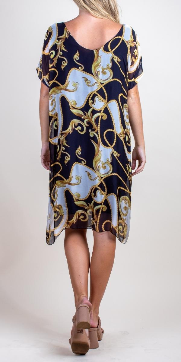 Teramo Baroque Dress - Gigi Moda - Made in Italy # 100% Silk, baroque, free shipping, Gigi Moda, italian silk, italian silk dress, knee length dress, lose fitting, Made in Italy, maxretail, round neck, short sleeve dress, silk dress