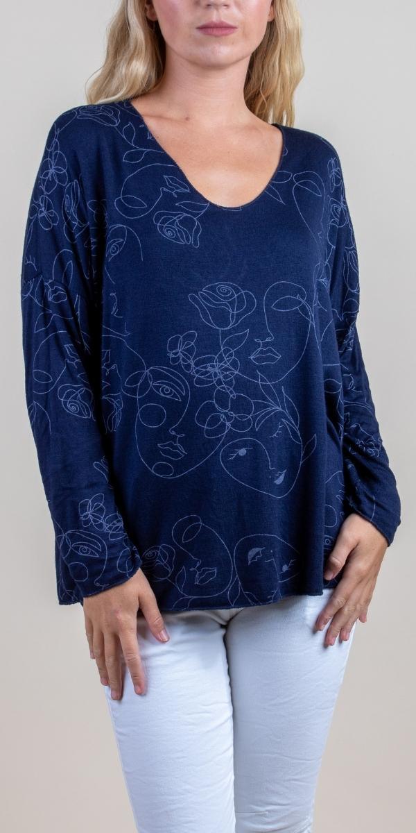 La Faccia Top - Gigi Moda - Made in Italy # Blouses, Comforatable fit, Gigi Moda, Long Sleeve, Made in Italy, shirt, Tops, V-Neck, Womans clothing