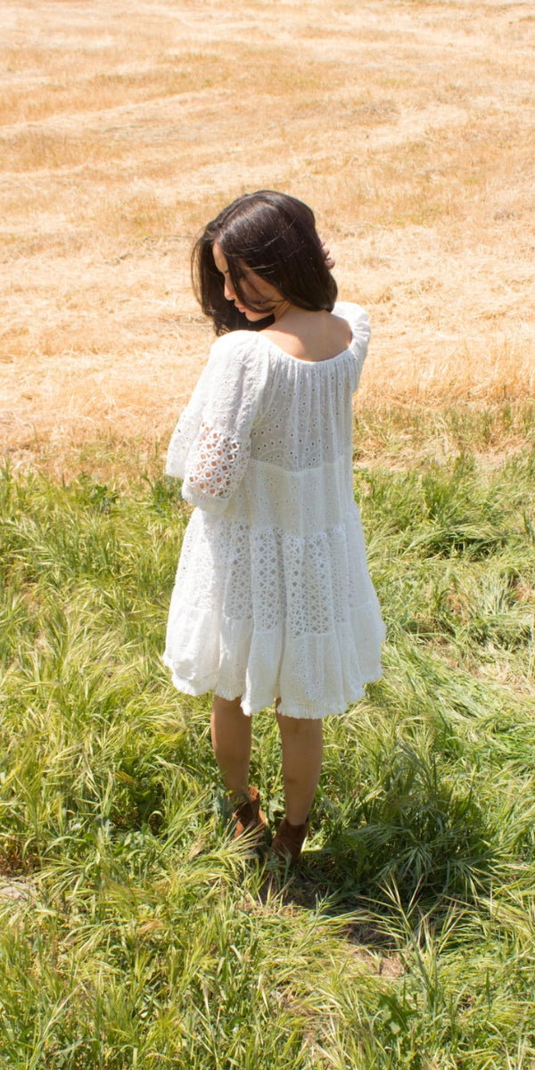 Essenza Mini Dress - Gigi Moda - Made in Italy # 100% Cotton, Crochet, crochet dress, Gigi Moda, made in italy, mini dress, Off the Shoulder, resort dress, resort wear, Tiered, TIERED RUFFLED DRESS