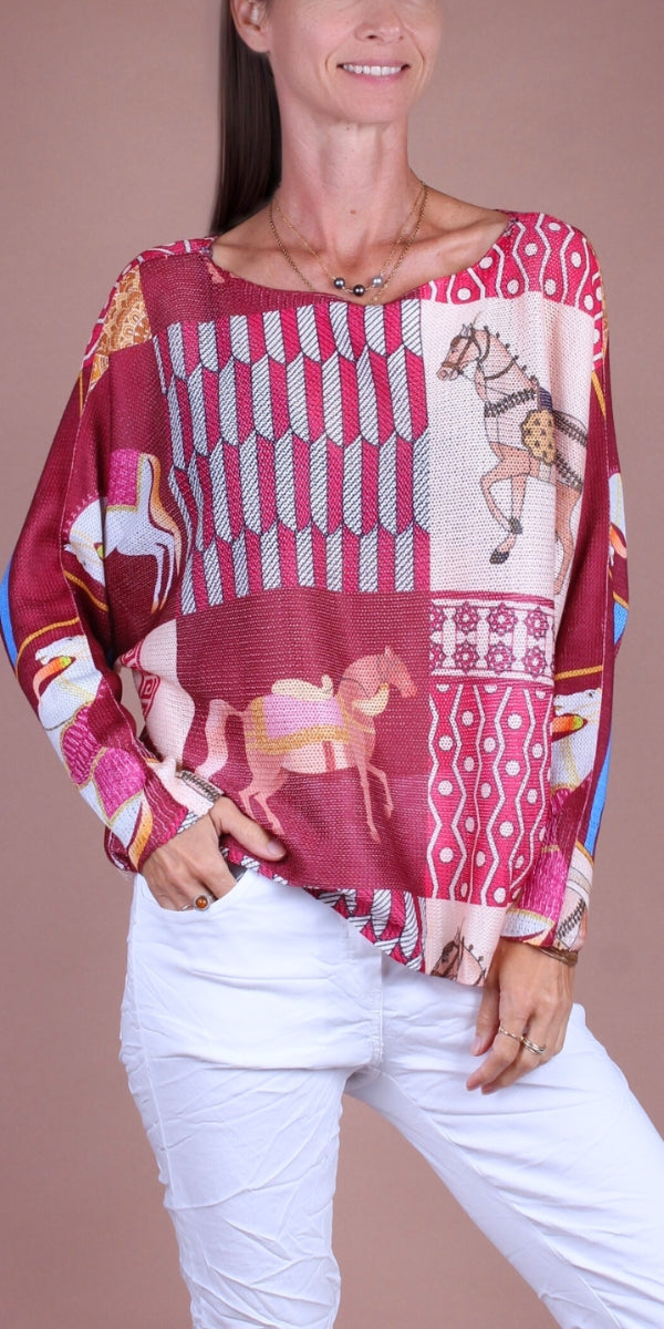 Daria Batwing Sweater with Carousel Horse Print