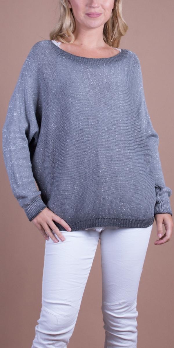 Argento Sweater - Gigi Moda - Made in Italy # Boatneck, glitter, gray, grey, knit, metallic, sweater, washed, zipper