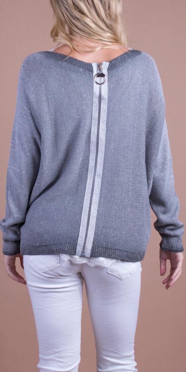 Argento Sweater - Gigi Moda - Made in Italy # Boatneck, glitter, gray, grey, knit, metallic, sweater, washed, zipper