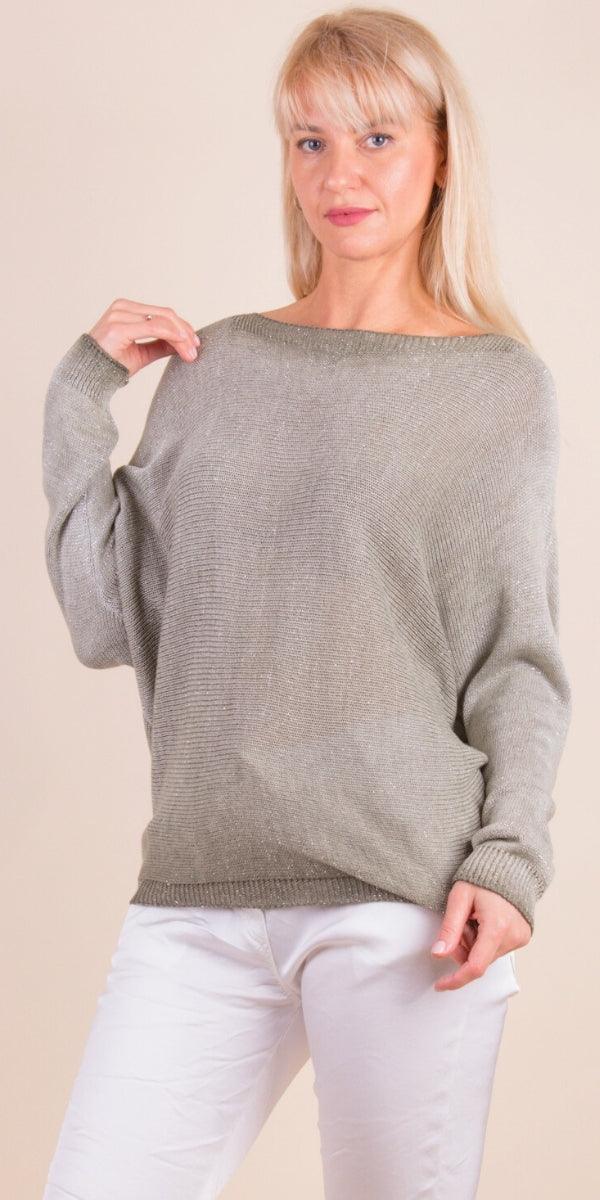Argento Sweater - Gigi Moda - Made in Italy # Boatneck, glitter, gray, grey, knit, metallic, sweater, washed, zipper