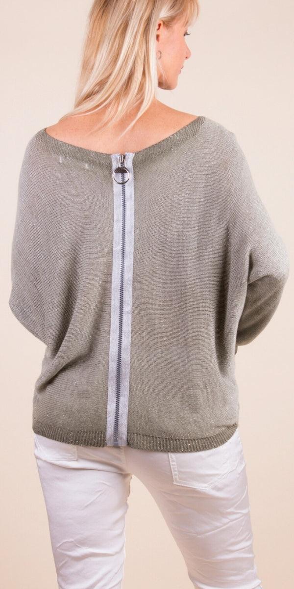 Argento Sweater - Gigi Moda - Made in Italy # Boatneck, glitter, gray, grey, knit, metallic, sweater, washed, zipper