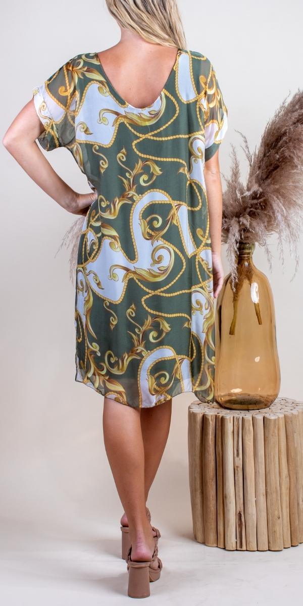 Teramo Baroque Dress - Gigi Moda - Made in Italy # 100% Silk, baroque, free shipping, Gigi Moda, italian silk, italian silk dress, knee length dress, lose fitting, Made in Italy, maxretail, round neck, short sleeve dress, silk dress