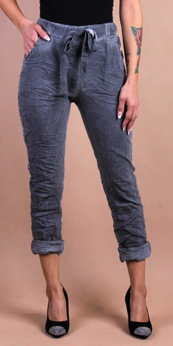 Zola Stud Pants - Gigi Moda - Made in Italy # comfortable, comfy, cropped, gigi moda, made in italy, maxretail, pant, pants, Pockets, silver stud, solid color, stretchy, stripes, tie at waist