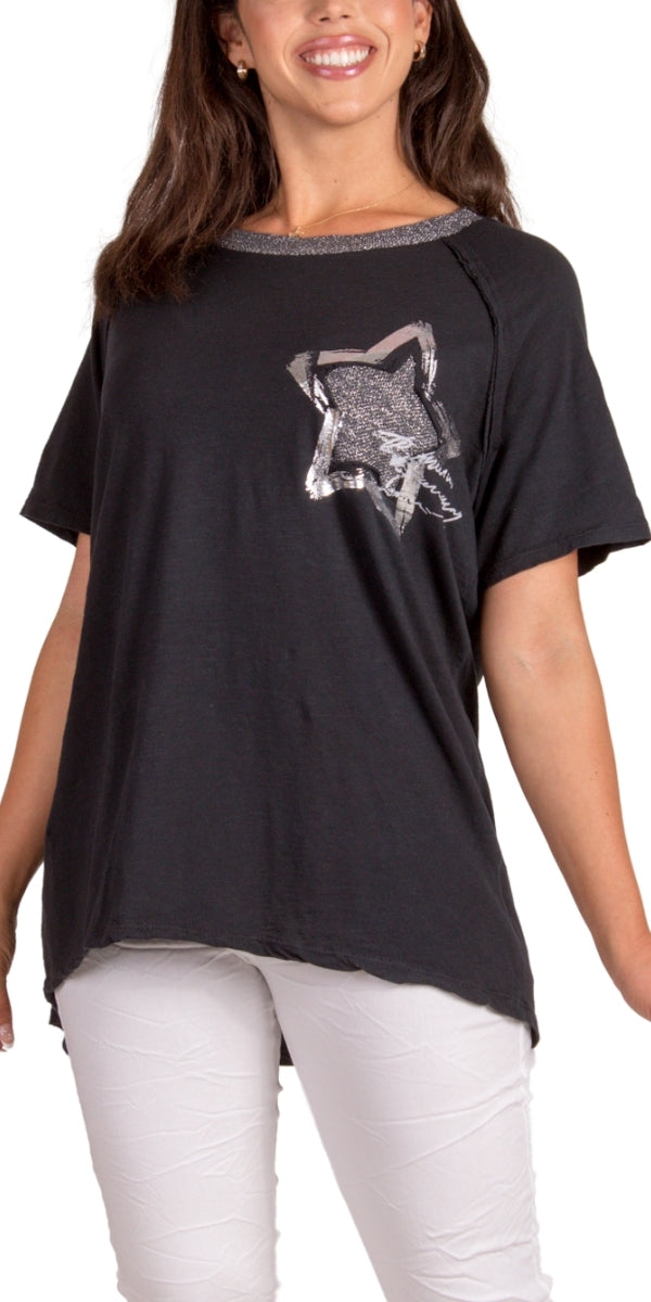 Icona T-Shirt - Gigi Moda - Made in Italy # 100% Cotton, Gigi Moda, italian top, Made in Italy, metallic shine, one size, OS, oversized tee, resort, star, Star Design, star top, T Shirt