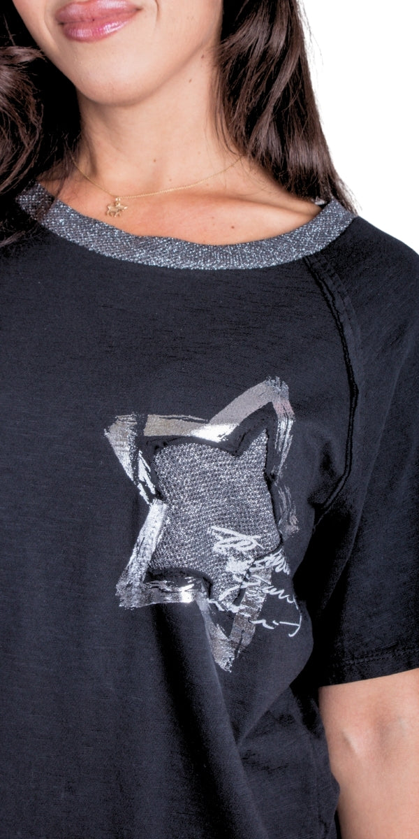 Icona T-Shirt - Gigi Moda - Made in Italy # 100% Cotton, Gigi Moda, italian top, Made in Italy, metallic shine, one size, OS, oversized tee, resort, star, Star Design, star top, T Shirt