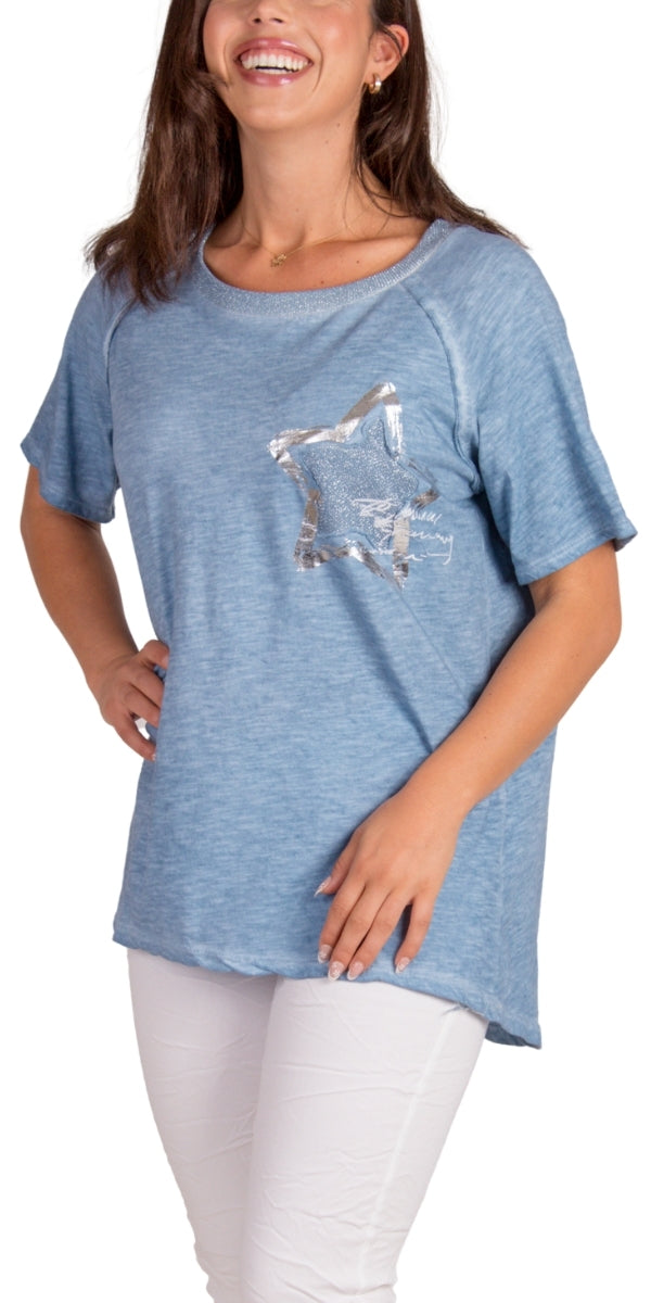 Icona T-Shirt - Gigi Moda - Made in Italy # 100% Cotton, Gigi Moda, italian top, Made in Italy, metallic shine, one size, OS, oversized tee, resort, star, Star Design, star top, T Shirt