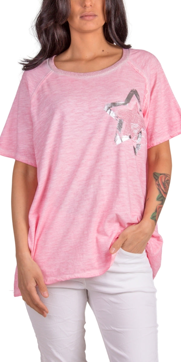 Icona T-Shirt - Gigi Moda - Made in Italy # 100% Cotton, Gigi Moda, italian top, Made in Italy, metallic shine, one size, OS, oversized tee, resort, star, Star Design, star top, T Shirt