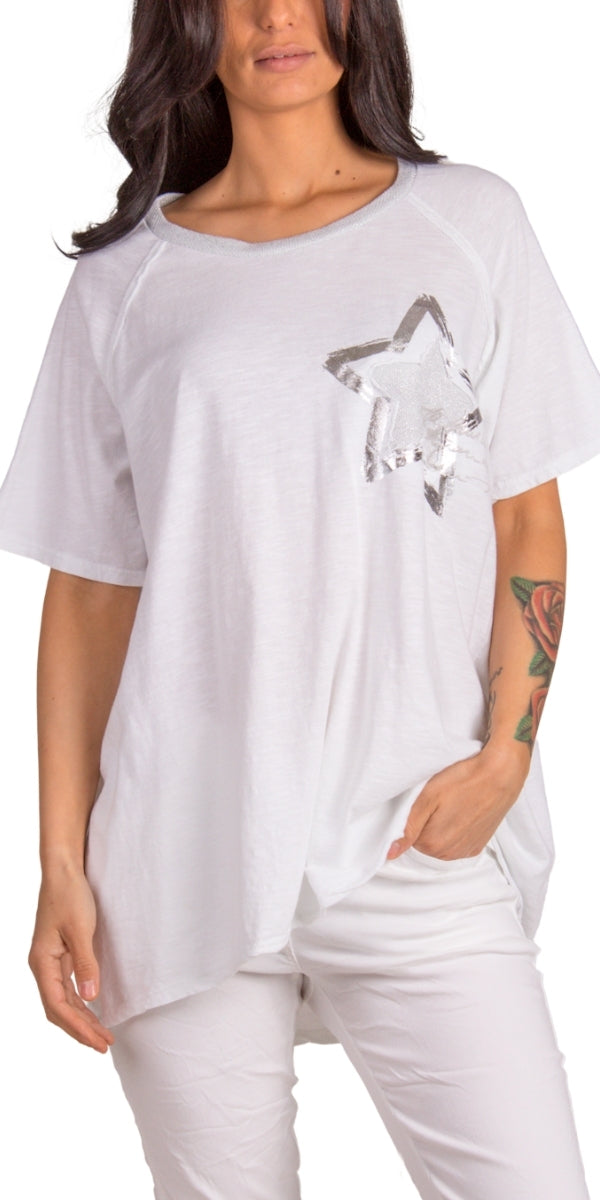 Icona T-Shirt - Gigi Moda - Made in Italy # 100% Cotton, Gigi Moda, italian top, Made in Italy, metallic shine, one size, OS, oversized tee, resort, star, Star Design, star top, T Shirt