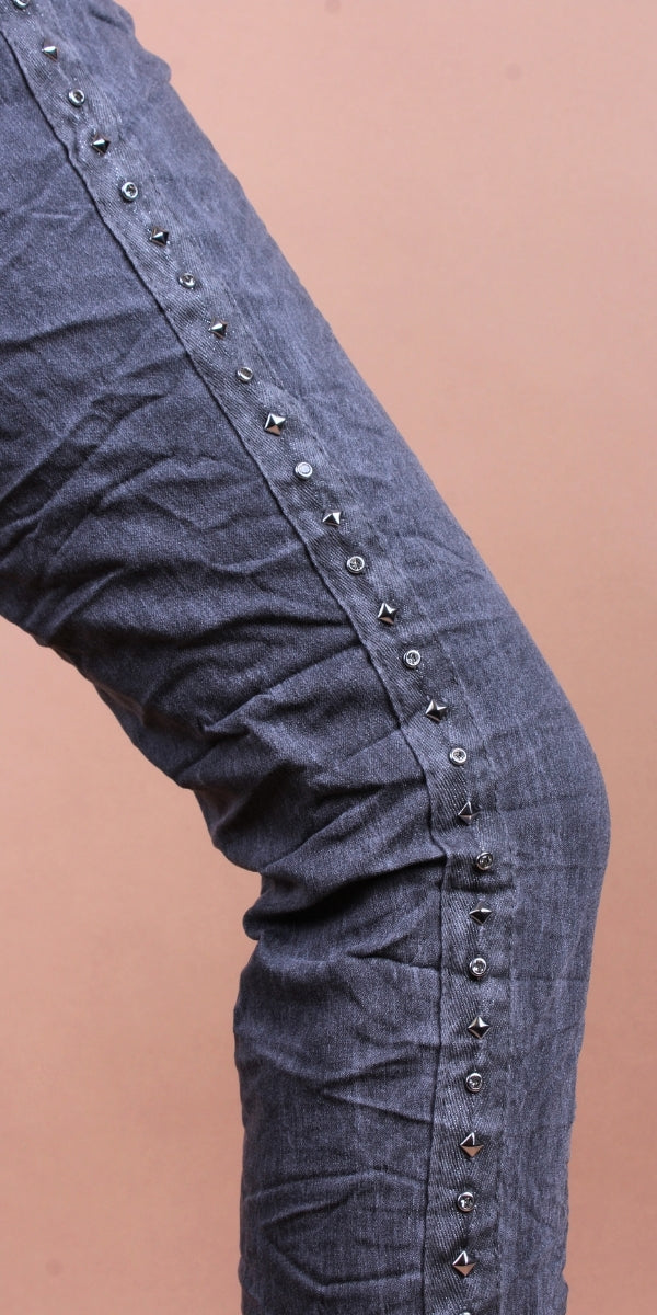 Zola Stud Pants - Gigi Moda - Made in Italy # comfortable, comfy, cropped, gigi moda, made in italy, maxretail, pant, pants, Pockets, silver stud, solid color, stretchy, stripes, tie at waist