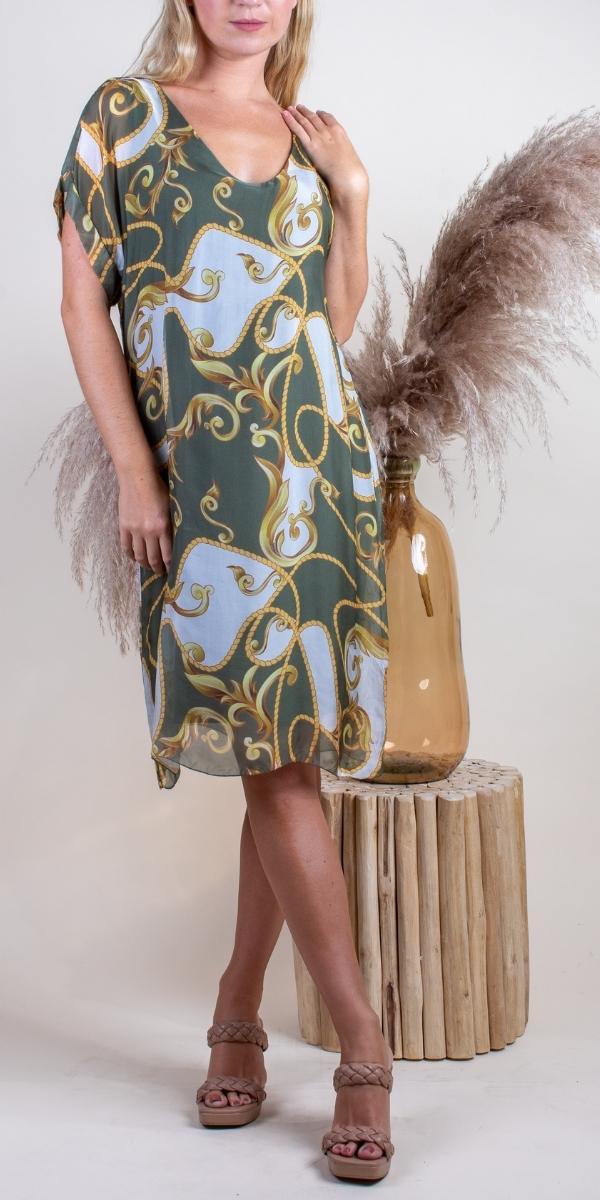 Teramo Baroque Dress - Gigi Moda - Made in Italy # 100% Silk, baroque, free shipping, Gigi Moda, italian silk, italian silk dress, knee length dress, lose fitting, Made in Italy, maxretail, round neck, short sleeve dress, silk dress
