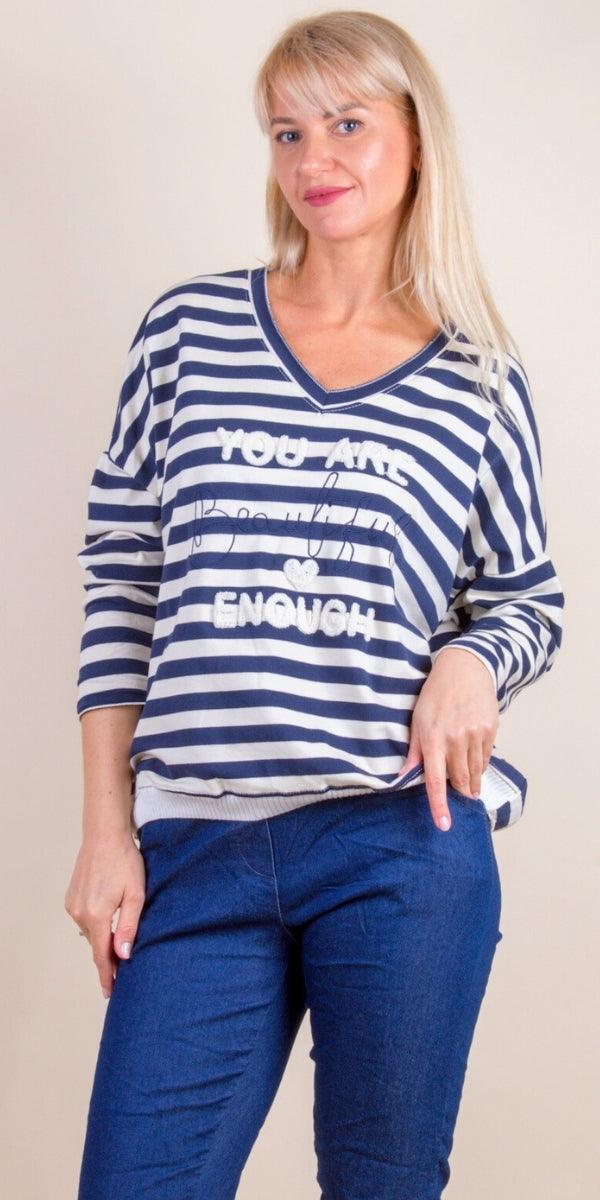 Bellissima Sweater - Gigi Moda - Made in Italy # casual sweater, Embroidered, Gigi Moda, Italian Sweater, knit sweater, Made in Italy, striped, striped top, stripes, Sweater, V Neck