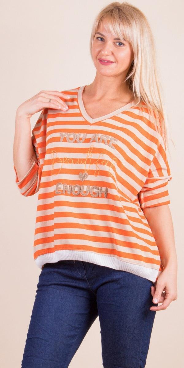 Bellissima Sweater - Gigi Moda - Made in Italy # casual sweater, Embroidered, Gigi Moda, Italian Sweater, knit sweater, Made in Italy, striped, striped top, stripes, Sweater, V Neck