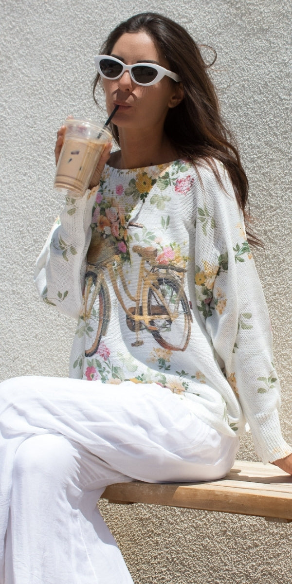 Daria Batwing Sweater with Bicycle Print