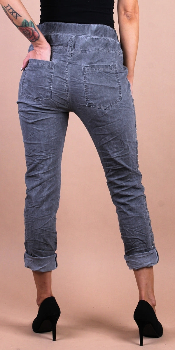 Zola Stud Pants - Gigi Moda - Made in Italy # comfortable, comfy, cropped, gigi moda, made in italy, maxretail, pant, pants, Pockets, silver stud, solid color, stretchy, stripes, tie at waist