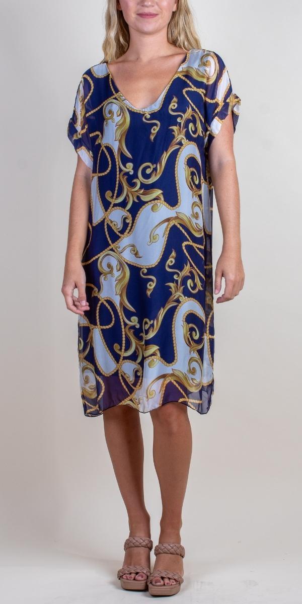 Teramo Baroque Dress - Gigi Moda - Made in Italy # 100% Silk, baroque, free shipping, Gigi Moda, italian silk, italian silk dress, knee length dress, lose fitting, Made in Italy, maxretail, round neck, short sleeve dress, silk dress