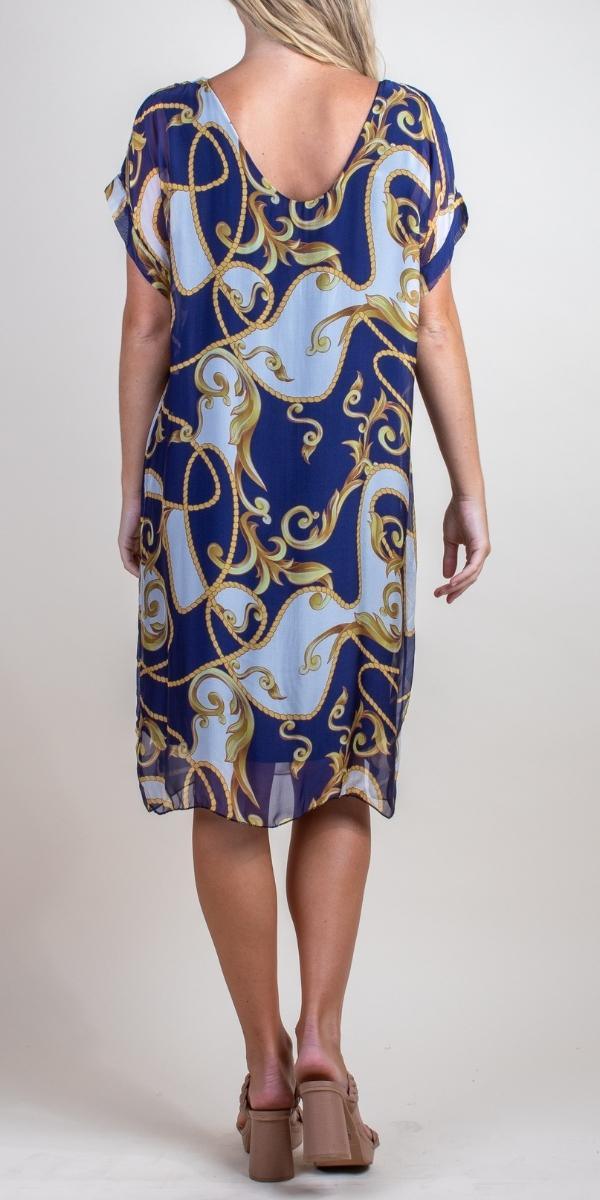 Teramo Baroque Dress - Gigi Moda - Made in Italy # 100% Silk, baroque, free shipping, Gigi Moda, italian silk, italian silk dress, knee length dress, lose fitting, Made in Italy, maxretail, round neck, short sleeve dress, silk dress