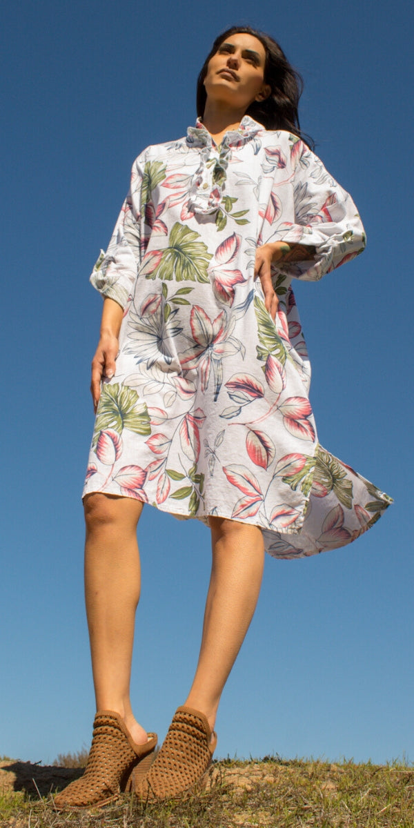 Botanica Linen Dress - Gigi Moda - Made in Italy # Dress, floral, floral design, Floral Print, free shipping, Gigi Moda, henley, Linen, Made in Italy, one size, OS, pockets, resort, resort wear, Rolled Sleeves, Ruffle, ruffles