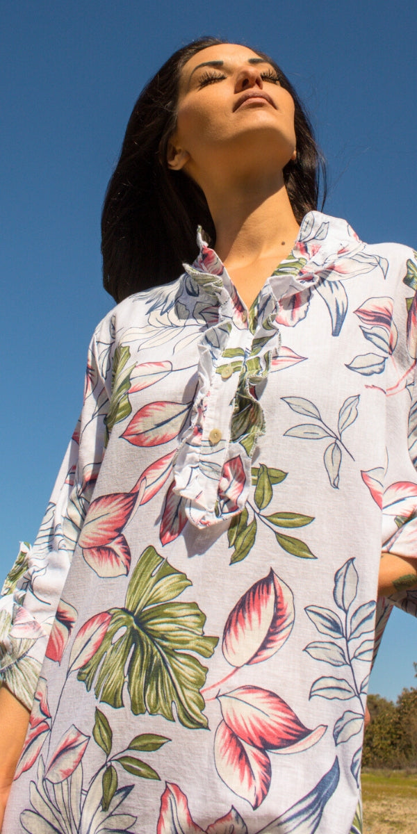 Botanica Linen Dress - Gigi Moda - Made in Italy # Dress, floral, floral design, Floral Print, free shipping, Gigi Moda, henley, Linen, Made in Italy, one size, OS, pockets, resort, resort wear, Rolled Sleeves, Ruffle, ruffles