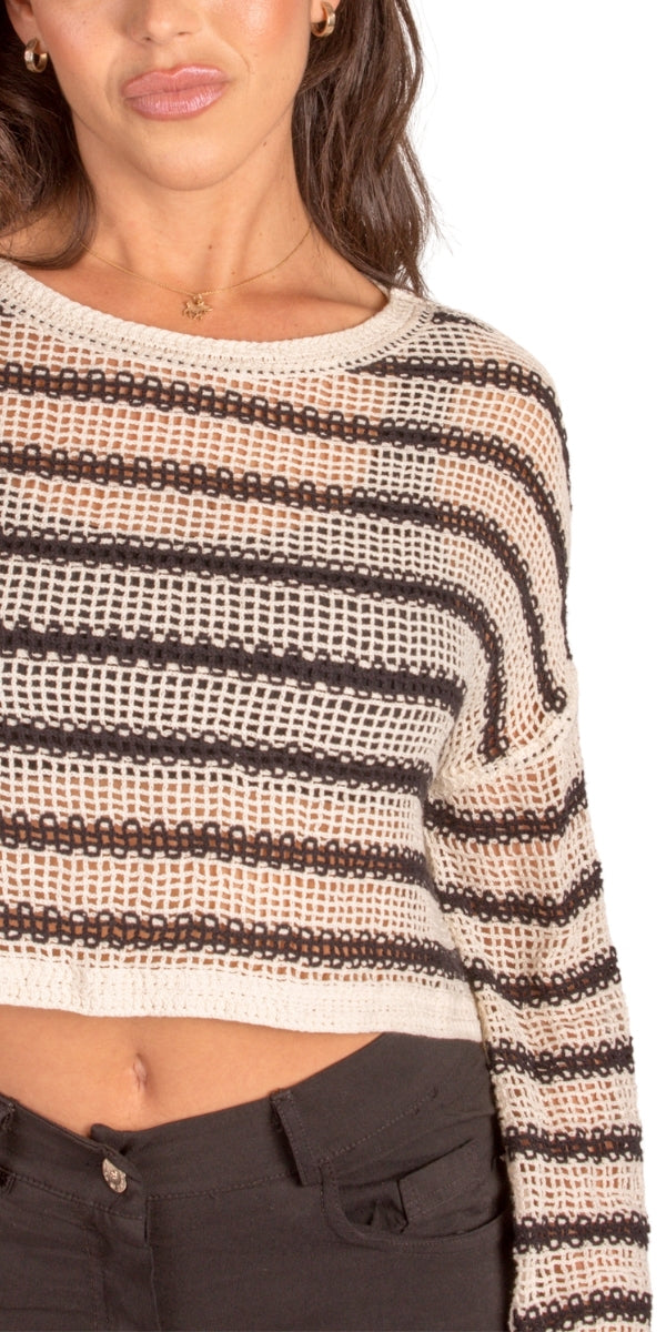 Estivo Striped Crochet Top - Gigi Moda - Made in Italy # Bell sleeve, bohemian, Cotton, Crochet, crochet top, Crop Top, Gigi Moda, Long Sleeve, Made in Italy, one size, stripes, Top