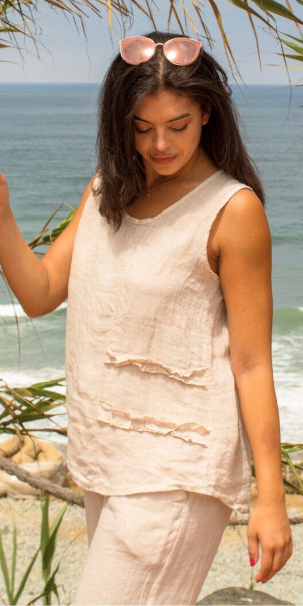 Palermo Linen Top - Gigi Moda - Made in Italy # 100% Linen, Gigi Moda, Linen, linen tank, Made in Italy, one size, OS, resort wear, ruffles, Sleeveless, spring, summer, Tank Top, Top