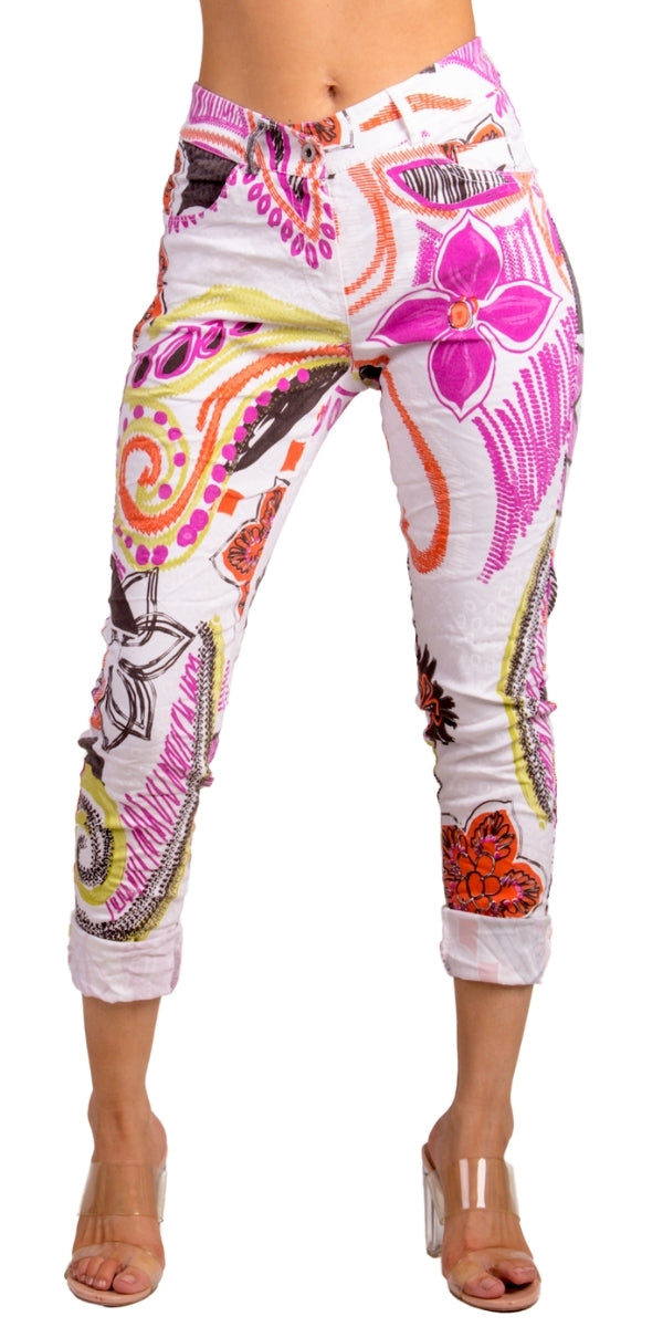 Cardine Floral Paisley Pants - Gigi Moda - Made in Italy # comfy pant, floral, floral design, Floral Print, Gigi Moda, jean style, Made in Italy, paisley, paisley print, Pants, Pockets, STRETCHY PANT, stretchy waistband, zipper pant