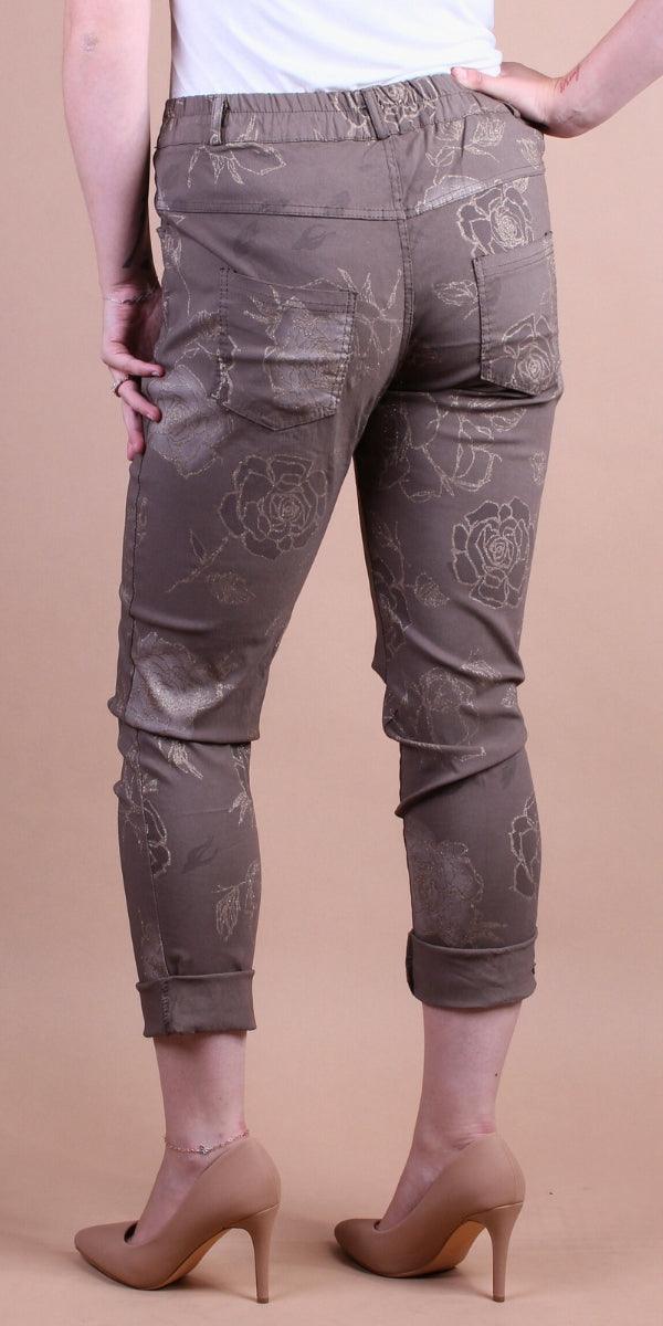 Castano Pant - Gigi Moda - Made in Italy # comfy pant, cropped pant, elastic waist, floral, floral design, floral pattern, Floral Print, Gigi Moda, Made in Italy, Pants, Pockets, stretchy waistband, zipper pant