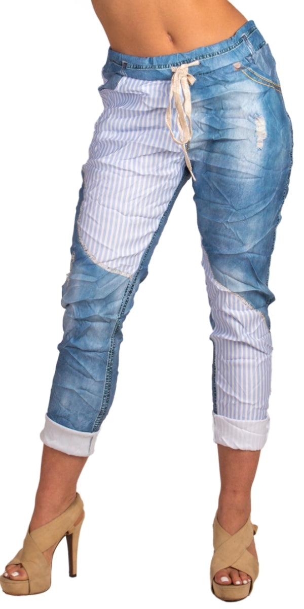 Britta Pant - Gigi Moda - Made in Italy # comfortable pants, cuffed pant, drawstring, drawstring pant, drawstring pants, faux denim, front pockets, Gigi Moda, Made in Italy, one size, OS, Pants, Pockets, stripes