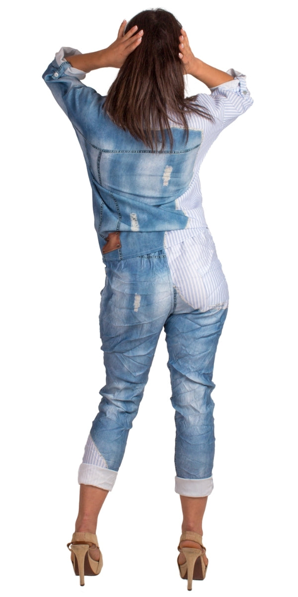 Britta Pant - Gigi Moda - Made in Italy # comfortable pants, cuffed pant, drawstring, drawstring pant, drawstring pants, faux denim, front pockets, Gigi Moda, Made in Italy, one size, OS, Pants, Pockets, stripes