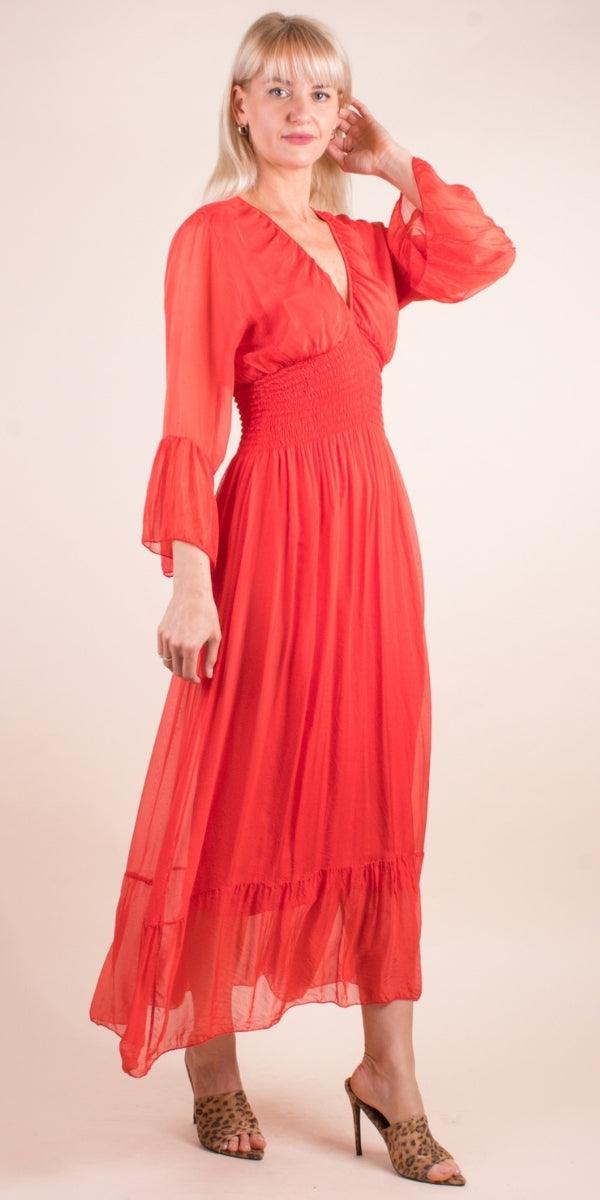 Imperia Silk Dress - Gigi Moda - Made in Italy # Dress, Gigi Moda, Made in Italy, Maxi Dress, rehearsal dinner dress, ruched, ruffles, RUFFLES DRESS, Silk, wedding dress