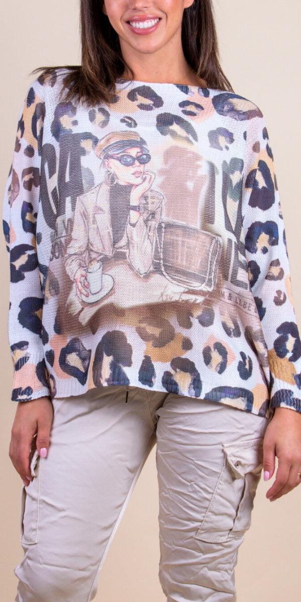 Emy Batwing Sweater With Girl Coffee Print - Shop Gigi Moda - Made in Italy # Blouse, comfortable, comfortable fit, Cozy, fall, Gigi Moda, Italian Clothing, italian top, Long Sleeve, Made in Italy, one size, Sleeves, Sweater, Top, washable, womens clothing, Womens Tops
