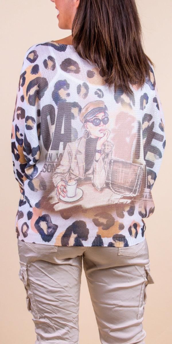 Emy Batwing Sweater With Girl Coffee Print - Shop Gigi Moda - Made in Italy # Blouse, comfortable, comfortable fit, Cozy, fall, Gigi Moda, Italian Clothing, italian top, Long Sleeve, Made in Italy, one size, Sleeves, Sweater, Top, washable, womens clothing, Womens Tops