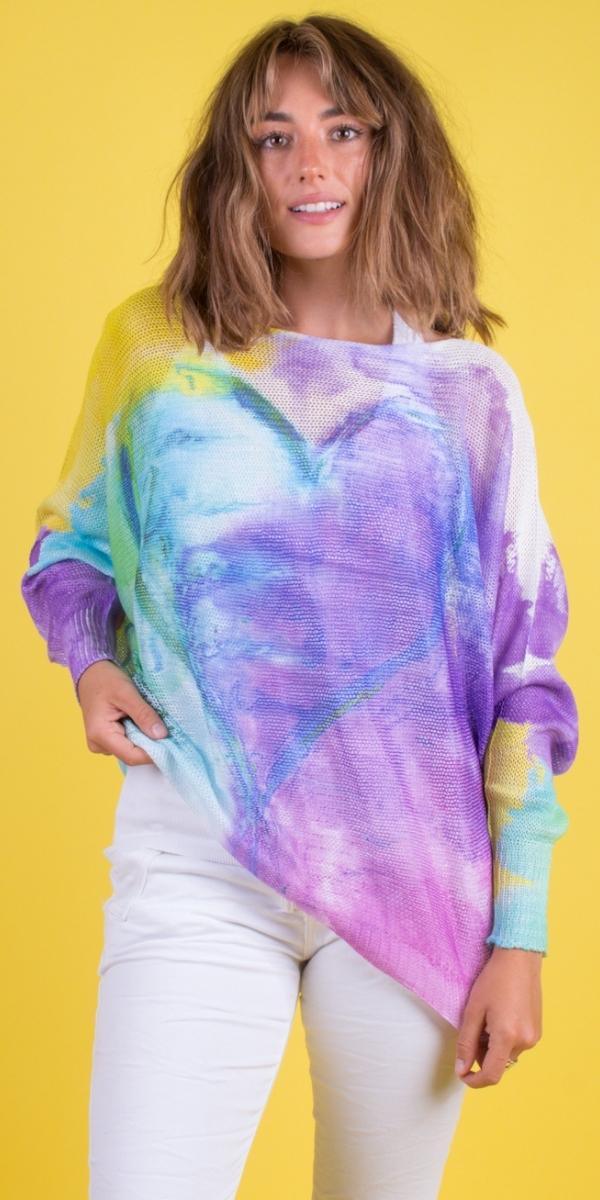Emy Batwing Sweater with Watercolor Heart Design - Gigi Moda - Made in Italy # Blouse, comfortable, comfortable fit, Cozy, Gigi Moda, heart, Italian Clothing, italian top, Long Sleeve, Made in Italy, one size, Sleeves, Sweater, Top, washable, womens clothing, Womens Tops