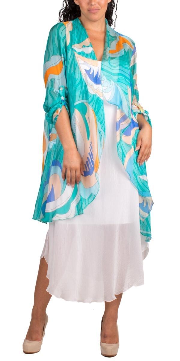 Portici Abstract Silk Cardigan - Gigi Moda - Made in Italy # 3/4 sleeve, Abstract, abstract print, Cardigan, Gigi Moda, long, Made in Italy, one size, OS, Silk, viscose