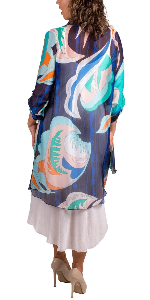 Portici Abstract Silk Cardigan - Gigi Moda - Made in Italy # 3/4 sleeve, Abstract, abstract print, Cardigan, Gigi Moda, long, Made in Italy, one size, OS, Silk, viscose