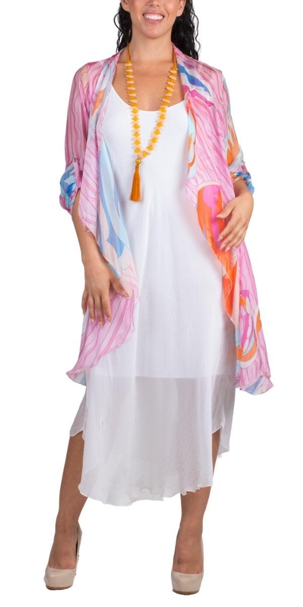 Portici Abstract Silk Cardigan - Gigi Moda - Made in Italy # 3/4 sleeve, Abstract, abstract print, Cardigan, Gigi Moda, long, Made in Italy, one size, OS, Silk, viscose