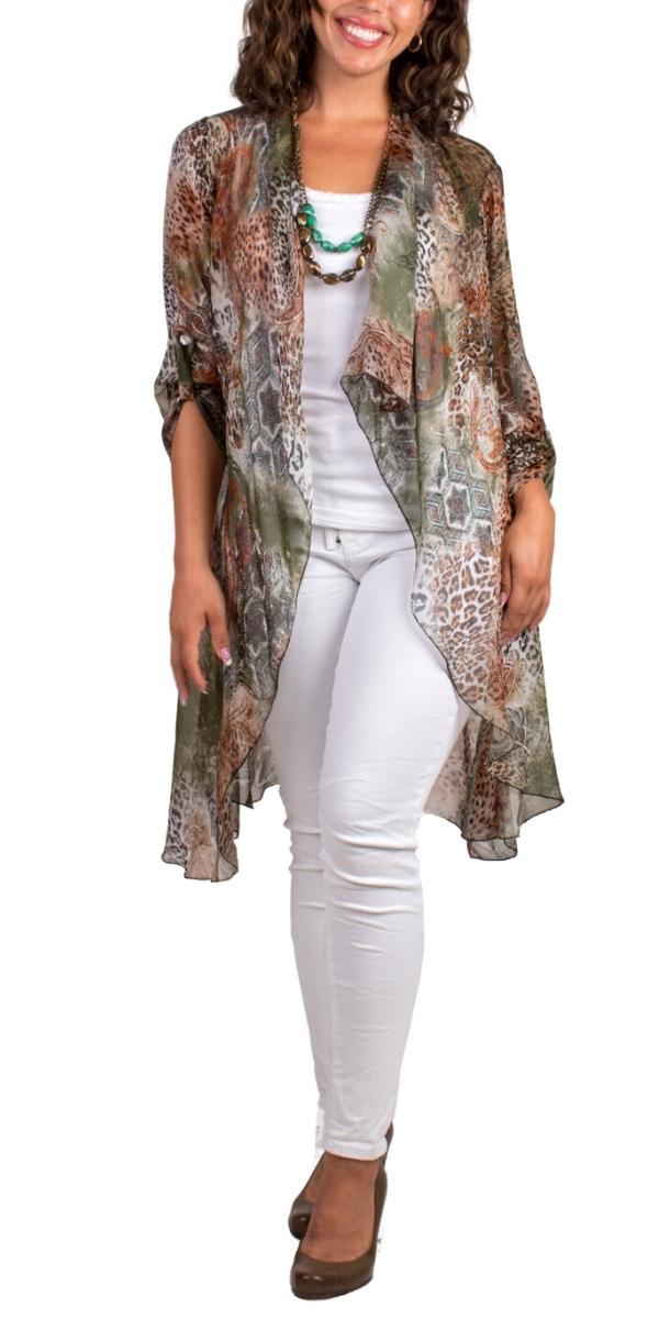 Portici Paisley Silk Cardigan - Gigi Moda - Made in Italy # 3/4 sleeve, animal print, Cardigan, Gigi Moda, long, Made in Italy, one size, OS, paisley, paisley print, Silk