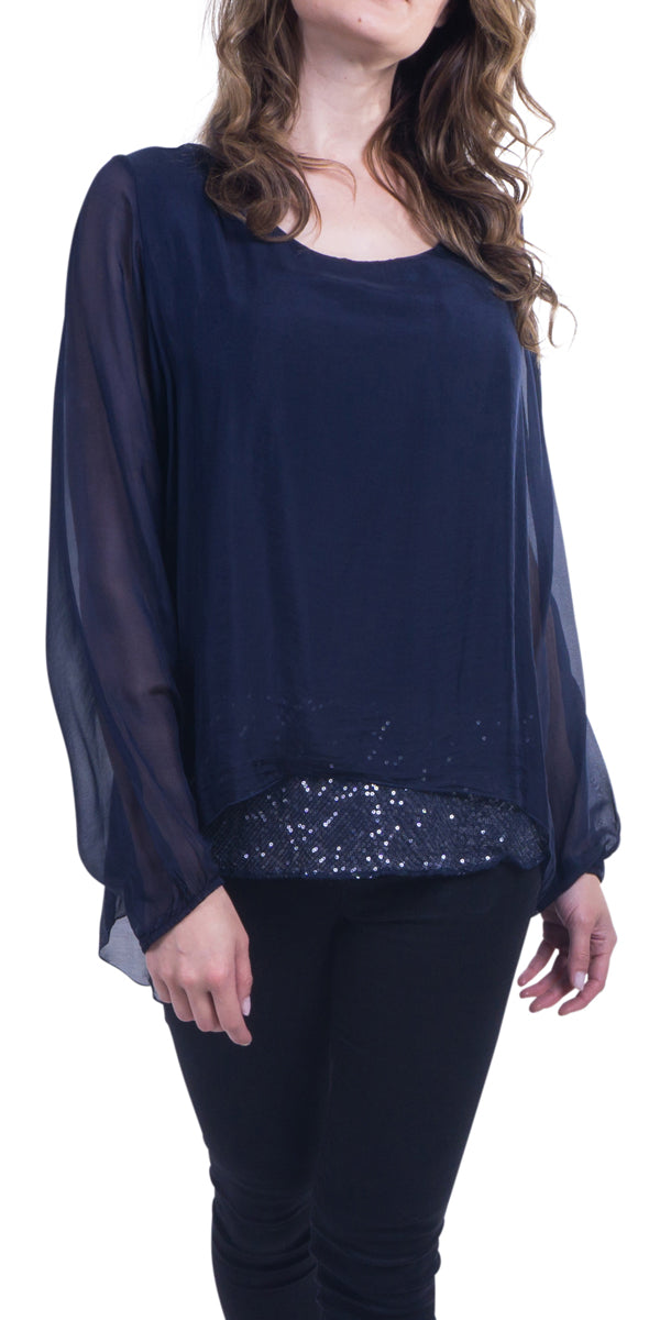 Tara Sleeve Blouse - Gigi Moda - Made in Italy # Blouse, Gigi Moda, italian top, Made in Italy, OS, Sequin, Silk, Sleeves, Top