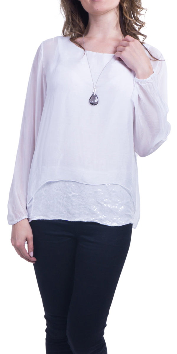 Tara Sleeve Blouse - Gigi Moda - Made in Italy # Blouse, Gigi Moda, italian top, Made in Italy, OS, Sequin, Silk, Sleeves, Top